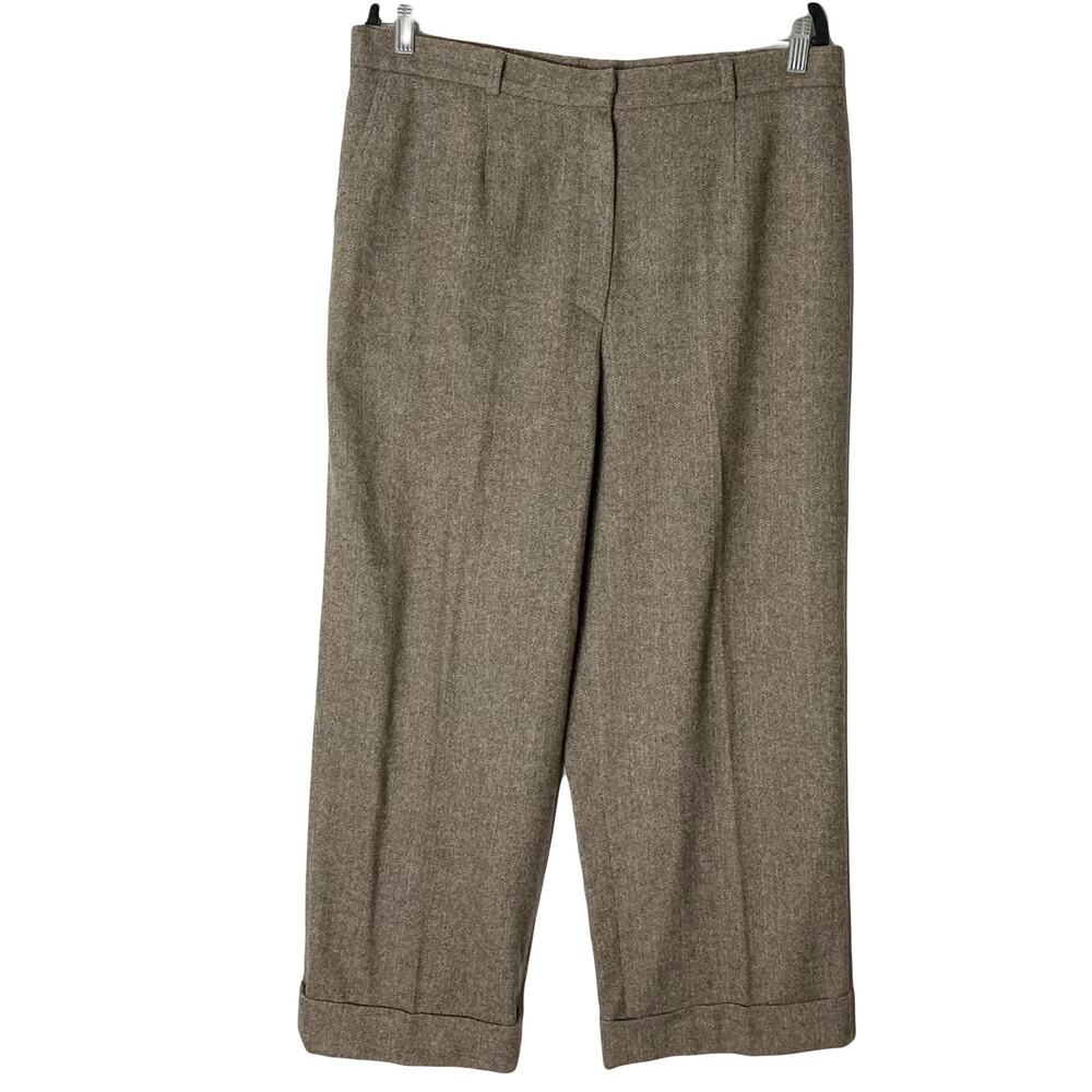 Nwot ZANELLA Pants 14 ITALY Brown Herringbone Wool?Wide/Straight High-Waist Cuff